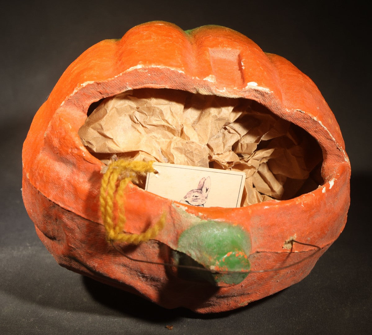 Vintage Papier-Mache / Paper Pulp Halloween Snarling Jack-O-Lantern Pumpkin Lantern with Wire Bail Handle and Original Paper Insert