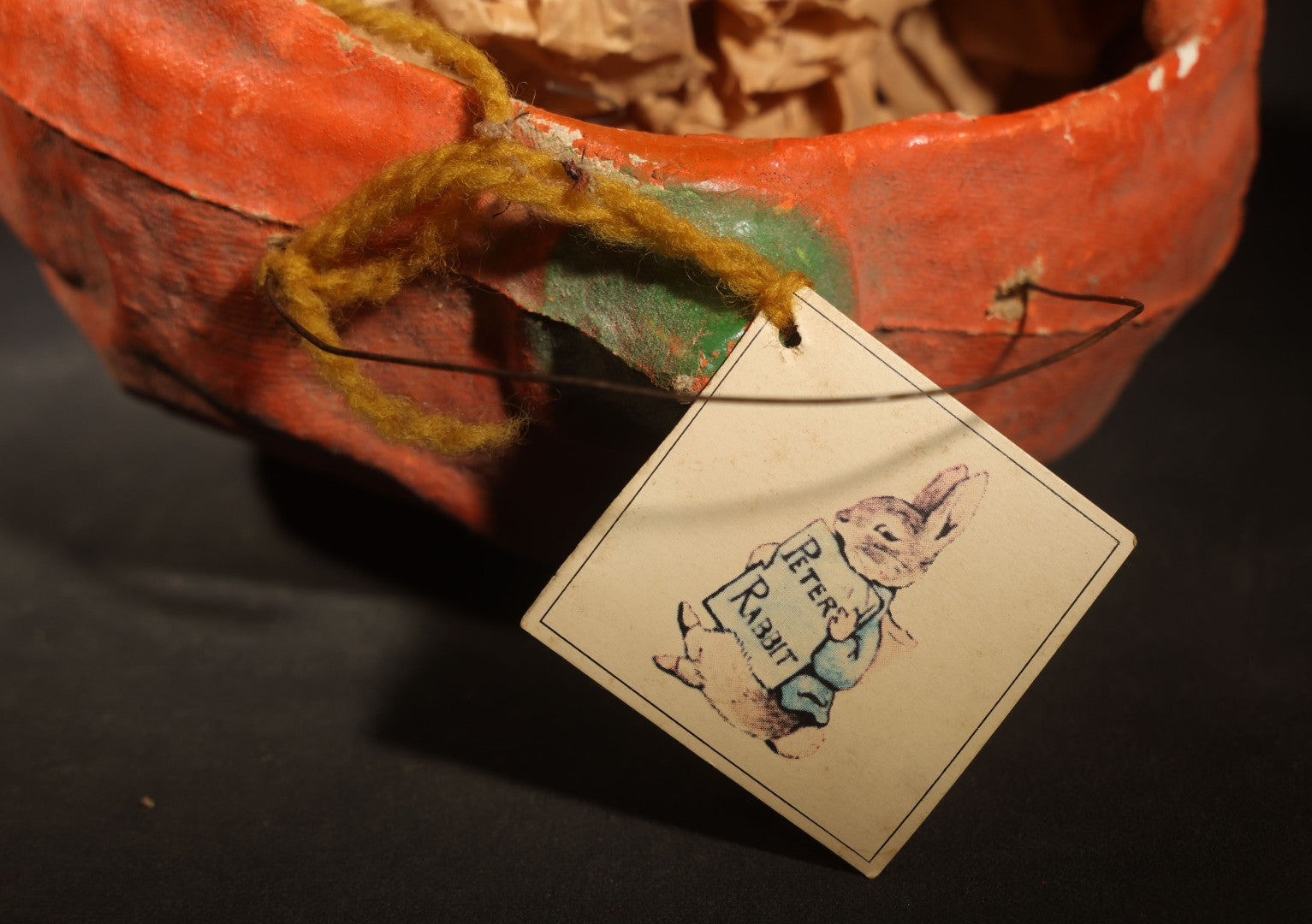 Vintage Papier-Mache / Paper Pulp Halloween Snarling Jack-O-Lantern Pumpkin Lantern with Wire Bail Handle and Original Paper Insert