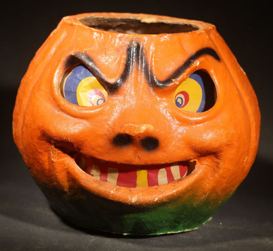 Vintage Papier-Mache / Paper Pulp Halloween Grinning Furrowed Brow Jack-O-Lantern Pumpkin Lantern with Original Paper Insert