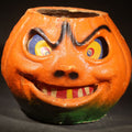 Lot 025 - Vintage Papier-Mache / Paper Pulp Halloween Grinning Furrowed Brow Jack-O-Lantern Pumpkin Lantern with Original Paper Insert, 5-3/4" H