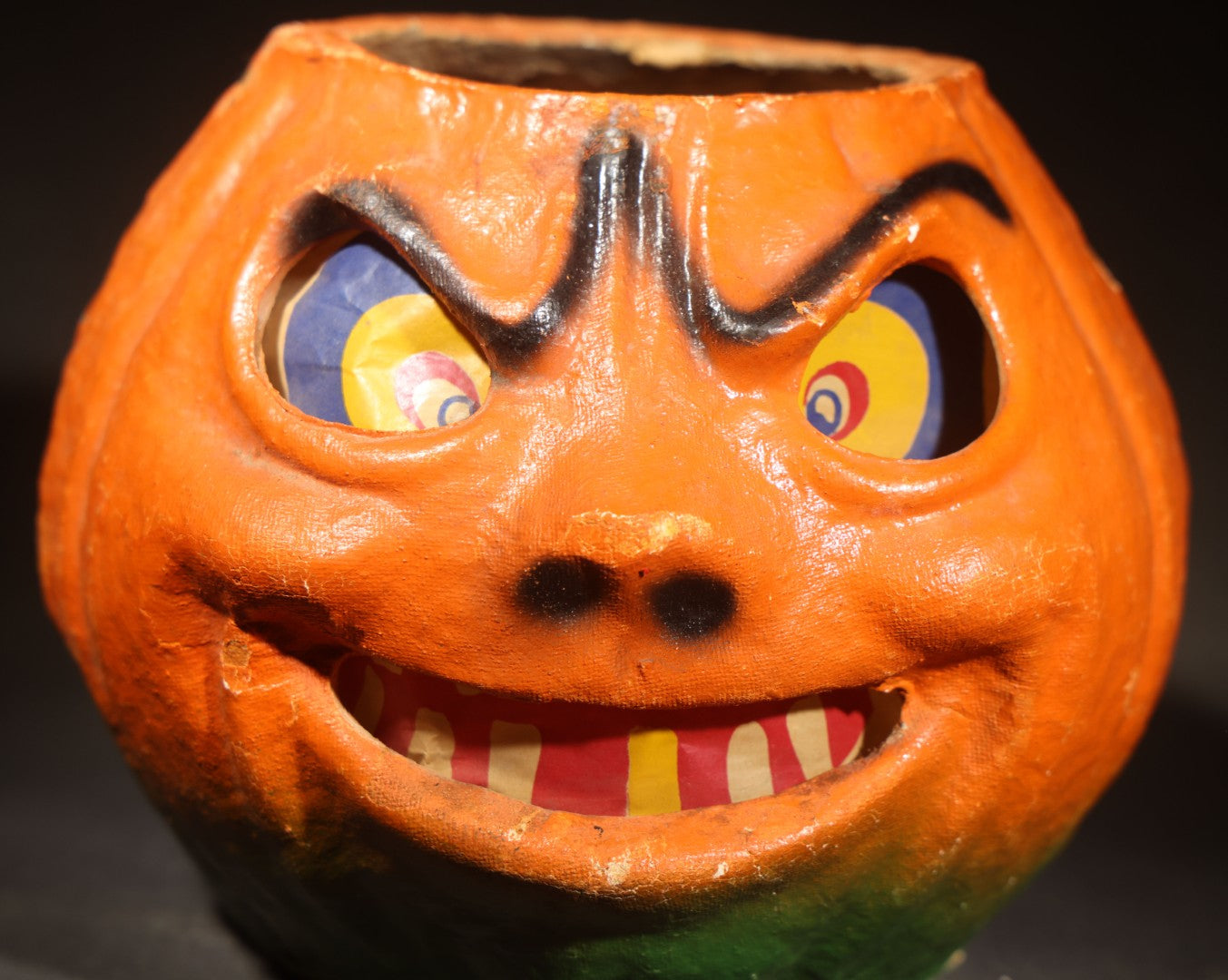 Vintage Papier-Mache / Paper Pulp Halloween Grinning Furrowed Brow Jack-O-Lantern Pumpkin Lantern with Original Paper Insert