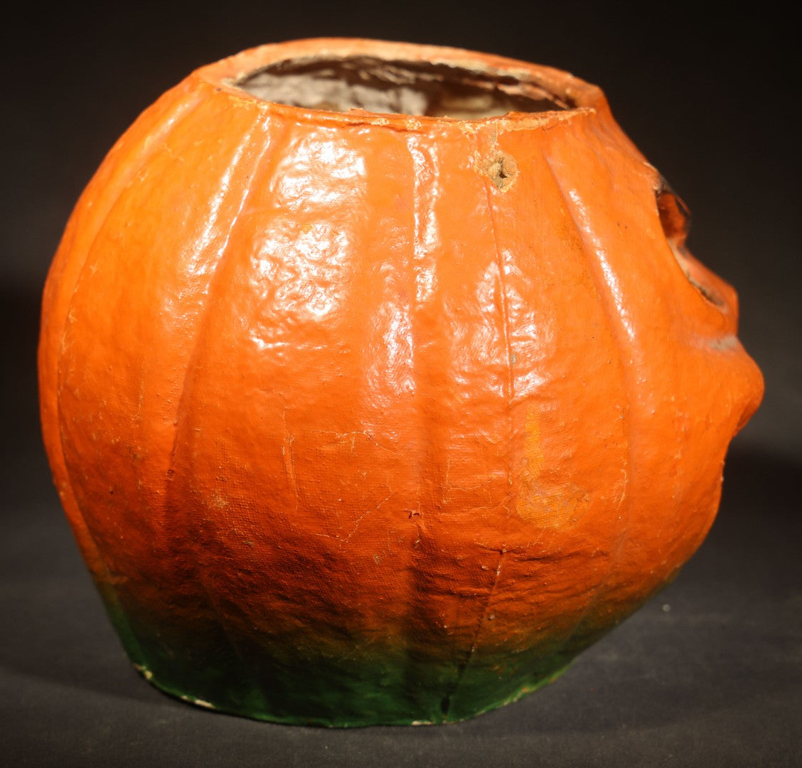 Vintage Papier-Mache / Paper Pulp Halloween Grinning Furrowed Brow Jack-O-Lantern Pumpkin Lantern with Original Paper Insert