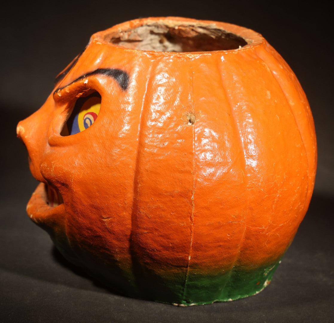 Vintage Papier-Mache / Paper Pulp Halloween Grinning Furrowed Brow Jack-O-Lantern Pumpkin Lantern with Original Paper Insert