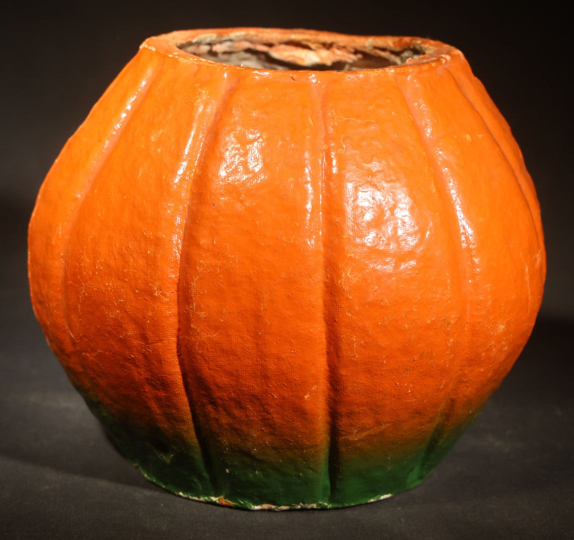 Vintage Papier-Mache / Paper Pulp Halloween Grinning Furrowed Brow Jack-O-Lantern Pumpkin Lantern with Original Paper Insert