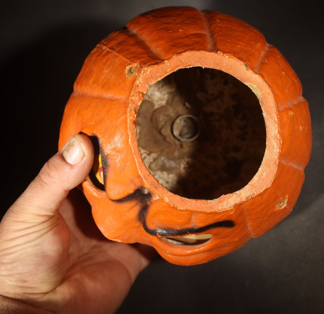Vintage Papier-Mache / Paper Pulp Halloween Grinning Furrowed Brow Jack-O-Lantern Pumpkin Lantern with Original Paper Insert