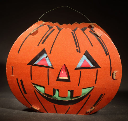 Vintage Slot-and-Tab Cardboard Jack-O-Lantern Pumpkin Lantern with Wire Handle and Tissue Paper Inserts, Manufactured by Dolly Toy Company, Dayton, Ohio, Circa 1930s-1950s