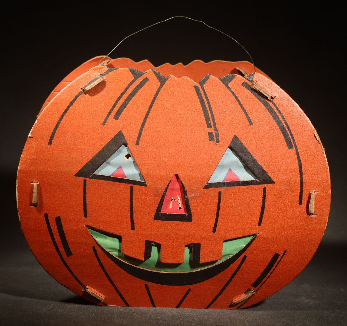 Vintage Slot-and-Tab Cardboard Jack-O-Lantern Pumpkin Lantern with Wire Handle and Tissue Paper Inserts, Manufactured by Dolly Toy Company, Dayton, Ohio, Circa 1930s-1950s