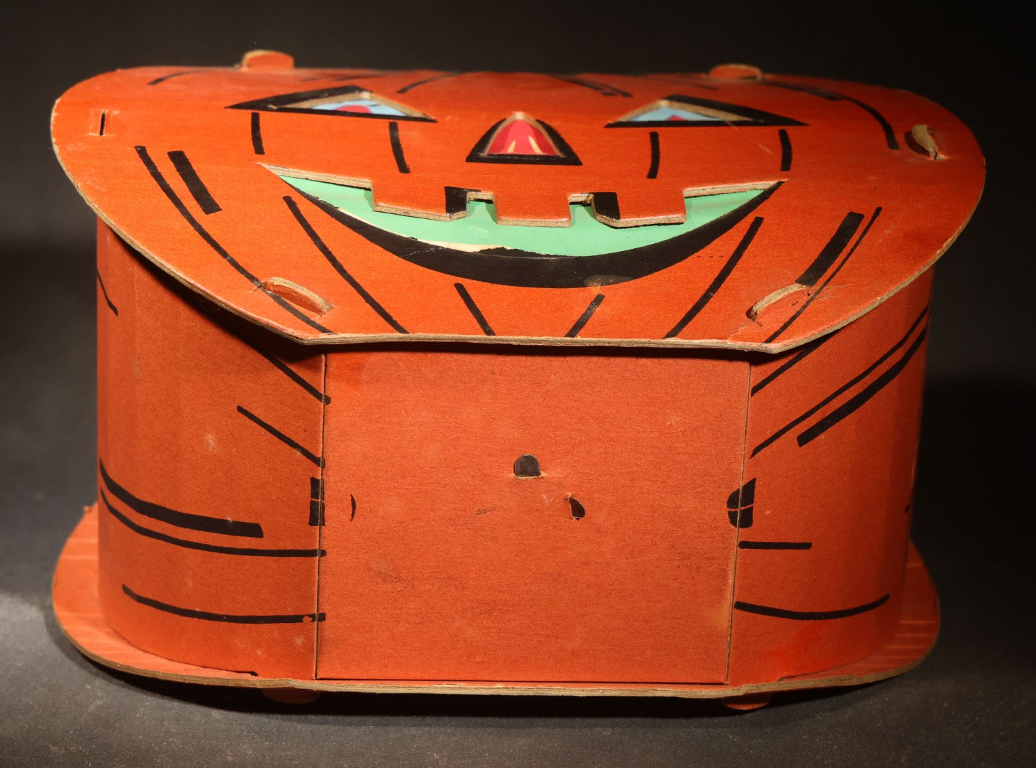 Vintage Slot-and-Tab Cardboard Jack-O-Lantern Pumpkin Lantern with Wire Handle and Tissue Paper Inserts, Manufactured by Dolly Toy Company, Dayton, Ohio, Circa 1930s-1950s