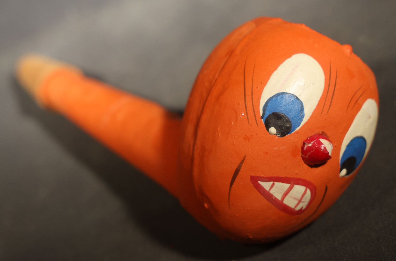 Vintage German Fantasy Reproduction Papier Mache / Molded Paper Halloween Jack-O-Lantern Horn Noisemaker with Wooden Mouthpiece, Circa 1990s