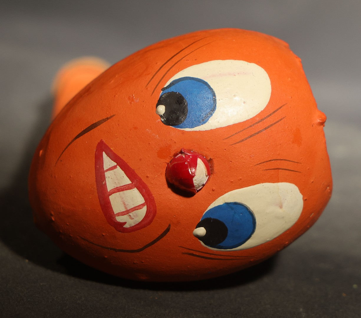Vintage German Fantasy Reproduction Papier Mache / Molded Paper Halloween Jack-O-Lantern Horn Noisemaker with Wooden Mouthpiece, Circa 1990s