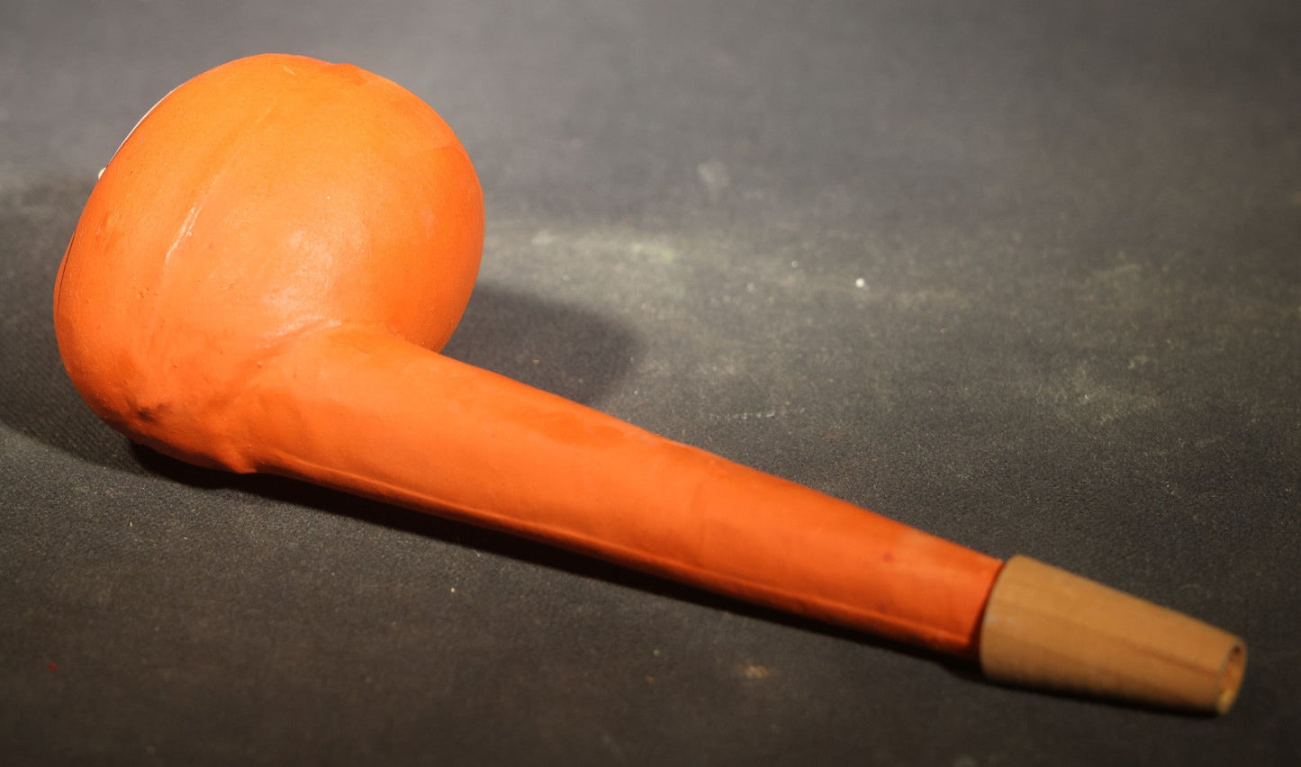 Vintage German Fantasy Reproduction Papier Mache / Molded Paper Halloween Jack-O-Lantern Horn Noisemaker with Wooden Mouthpiece, Circa 1990s