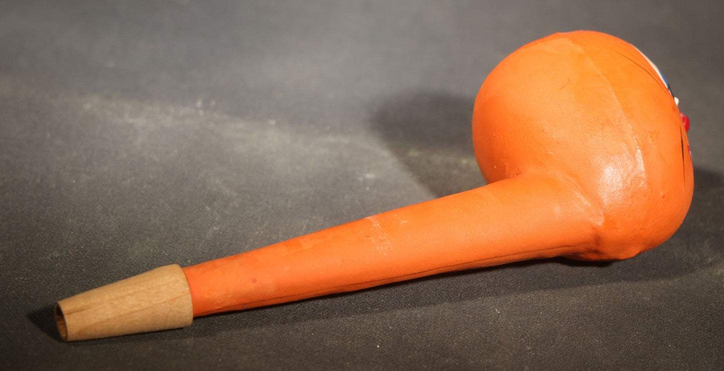 Vintage German Fantasy Reproduction Papier Mache / Molded Paper Halloween Jack-O-Lantern Horn Noisemaker with Wooden Mouthpiece, Circa 1990s