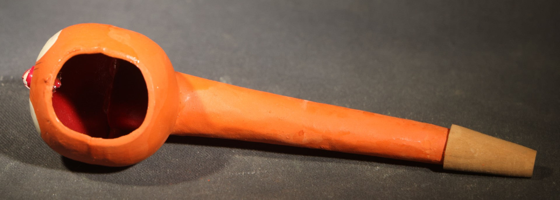 Vintage German Fantasy Reproduction Papier Mache / Molded Paper Halloween Jack-O-Lantern Horn Noisemaker with Wooden Mouthpiece, Circa 1990s