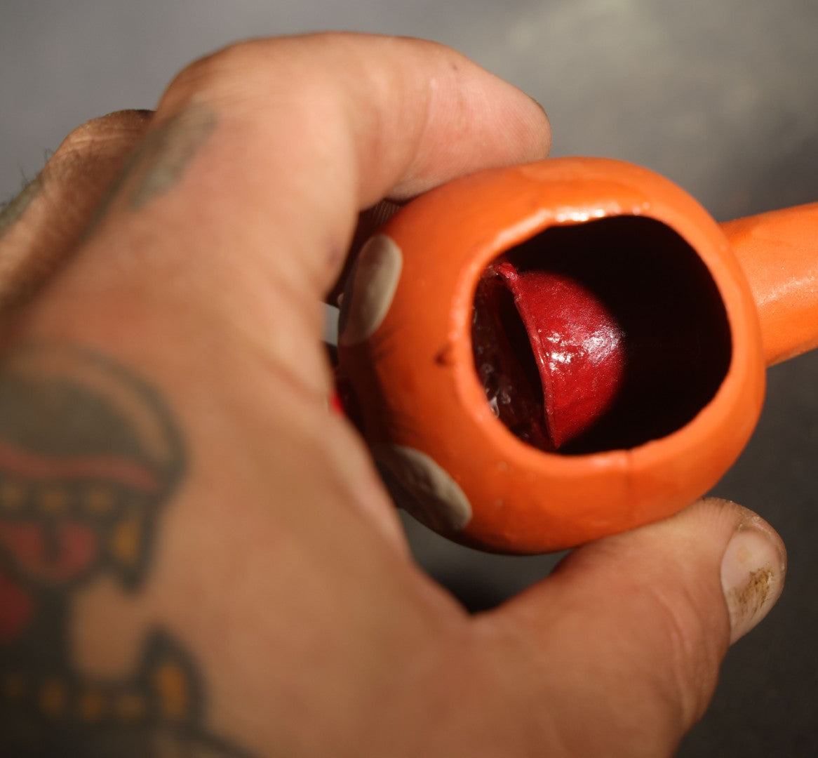 Vintage German Fantasy Reproduction Papier Mache / Molded Paper Halloween Jack-O-Lantern Horn Noisemaker with Wooden Mouthpiece, Circa 1990s