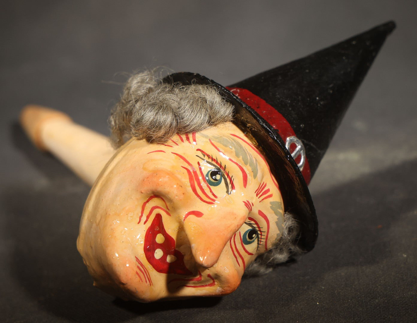 Vintage German Fantasy Reproduction Papier Mache / Molded Paper Halloween Witch Head Horn Noisemaker with Wooden Mouthpiece, Circa 1990s