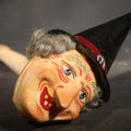 Lot 028 - Vintage German Fantasy Reproduction Papier Mache / Molded Paper Halloween Witch Head Horn Noisemaker with Wooden Mouthpiece, Circa 1990s, 8-1/4" L
