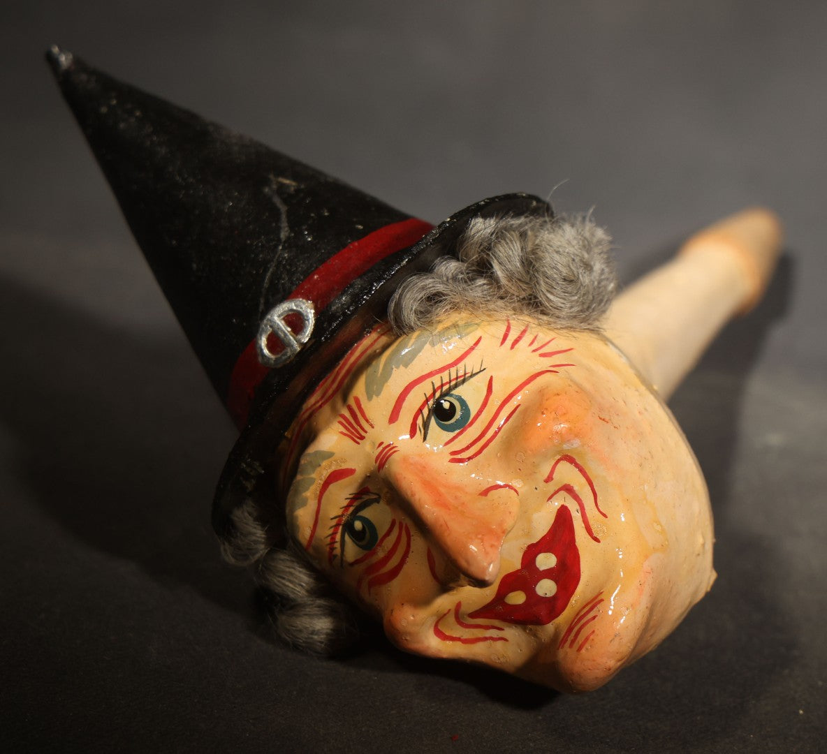 Vintage German Fantasy Reproduction Papier Mache / Molded Paper Halloween Witch Head Horn Noisemaker with Wooden Mouthpiece, Circa 1990s