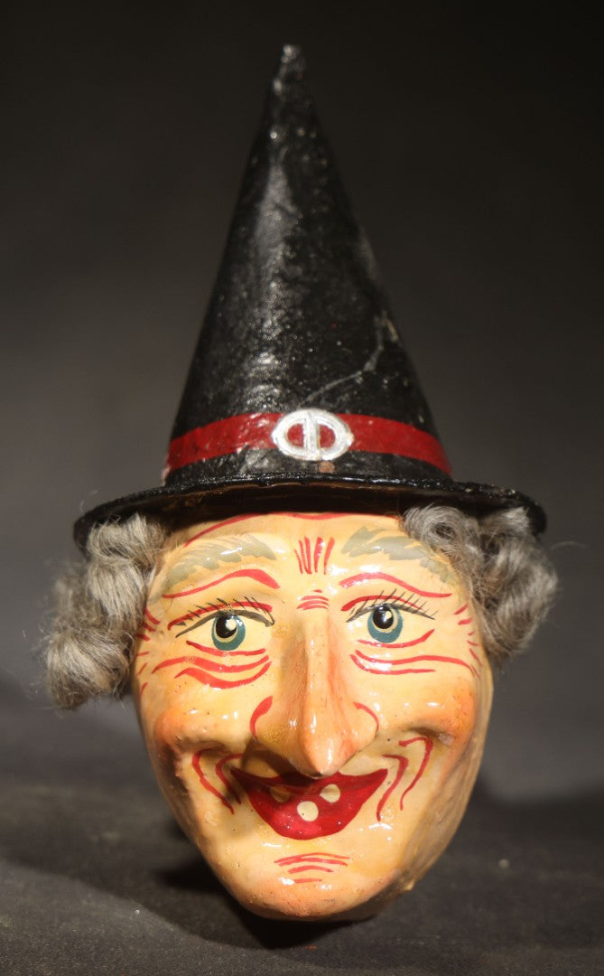 Vintage German Fantasy Reproduction Papier Mache / Molded Paper Halloween Witch Head Horn Noisemaker with Wooden Mouthpiece, Circa 1990s