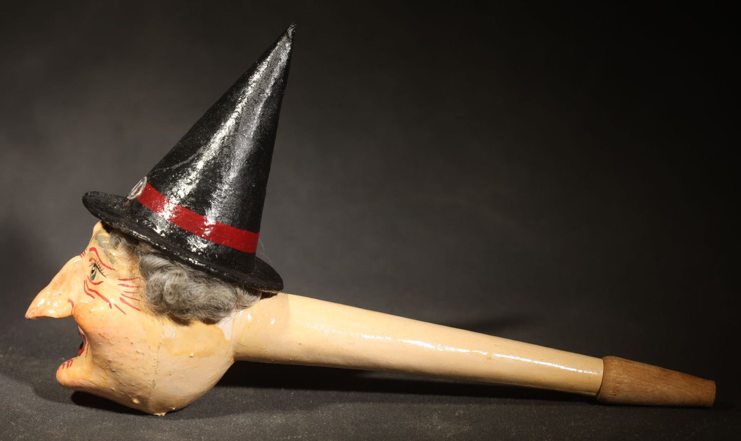 Vintage German Fantasy Reproduction Papier Mache / Molded Paper Halloween Witch Head Horn Noisemaker with Wooden Mouthpiece, Circa 1990s