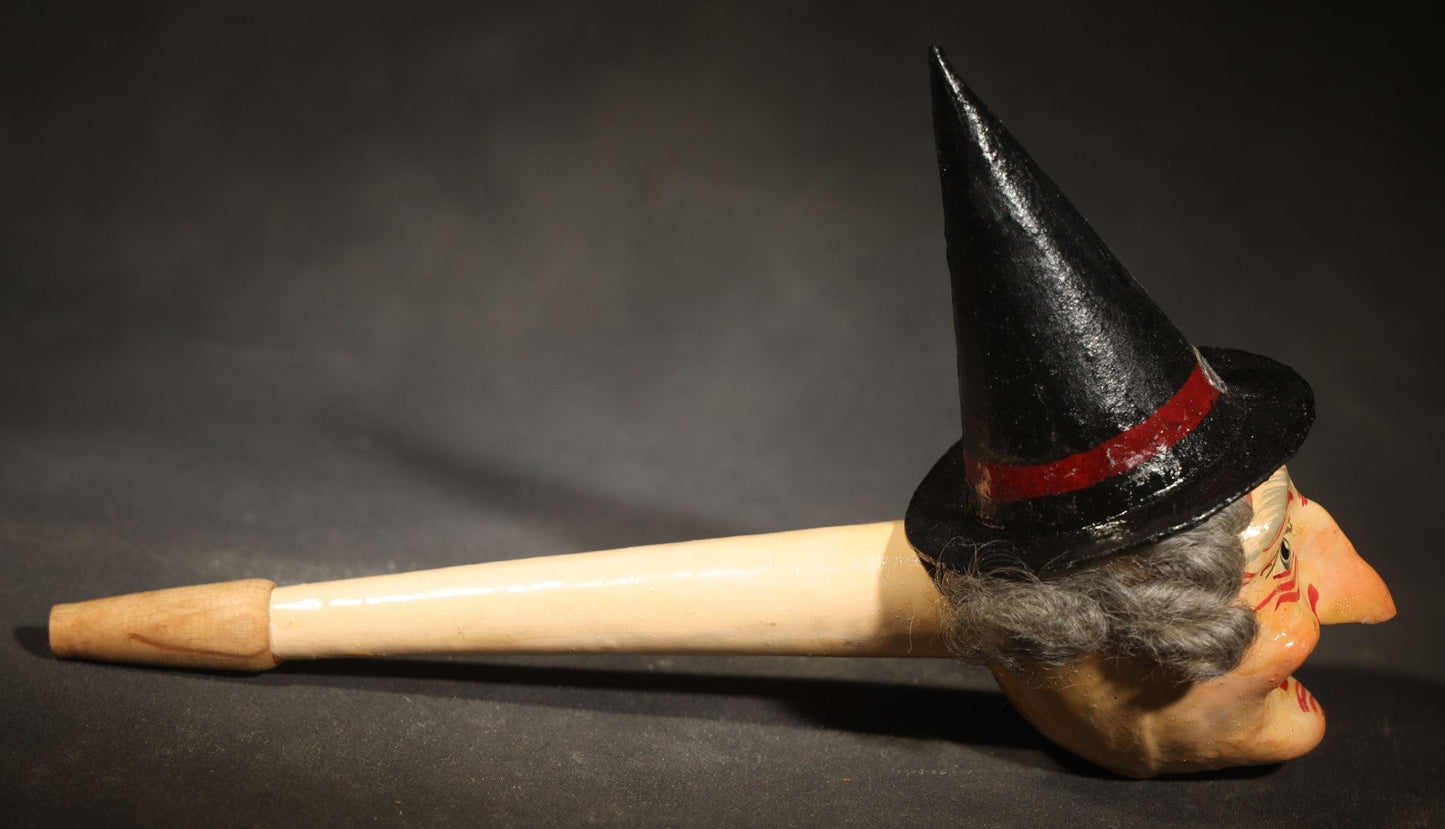 Vintage German Fantasy Reproduction Papier Mache / Molded Paper Halloween Witch Head Horn Noisemaker with Wooden Mouthpiece, Circa 1990s