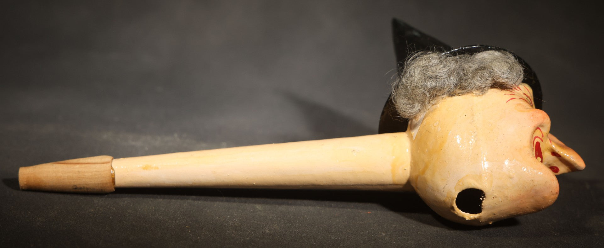 Vintage German Fantasy Reproduction Papier Mache / Molded Paper Halloween Witch Head Horn Noisemaker with Wooden Mouthpiece, Circa 1990s