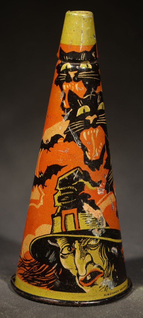 Vintage Tin Lithograph Halloween Horn Noisemaker with Witch, Black Cats, Bats, and Haunted House, Manufactured by Kirchhof, Newark, New Jersey