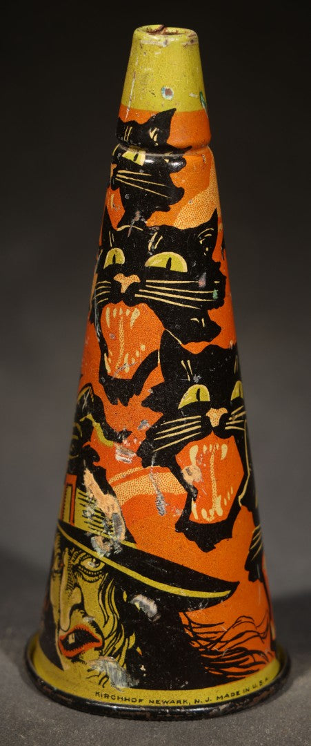 Vintage Tin Lithograph Halloween Horn Noisemaker with Witch, Black Cats, Bats, and Haunted House, Manufactured by Kirchhof, Newark, New Jersey