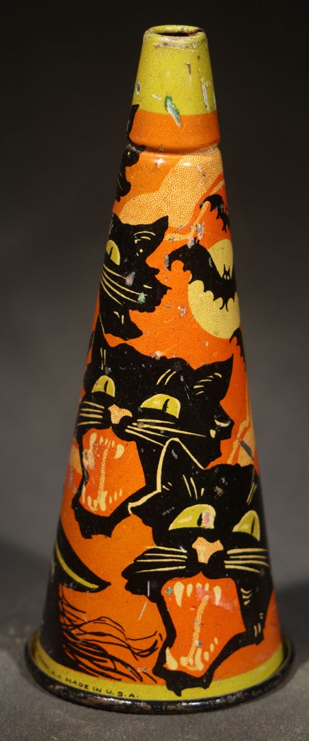 Vintage Tin Lithograph Halloween Horn Noisemaker with Witch, Black Cats, Bats, and Haunted House, Manufactured by Kirchhof, Newark, New Jersey