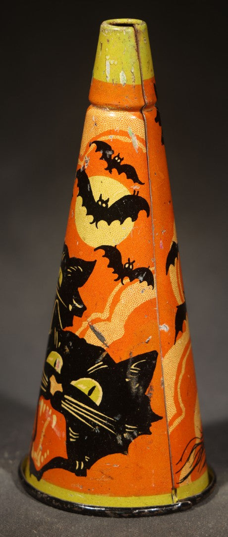 Vintage Tin Lithograph Halloween Horn Noisemaker with Witch, Black Cats, Bats, and Haunted House, Manufactured by Kirchhof, Newark, New Jersey
