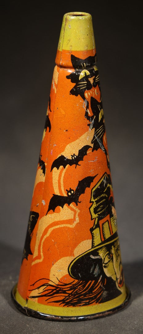 Vintage Tin Lithograph Halloween Horn Noisemaker with Witch, Black Cats, Bats, and Haunted House, Manufactured by Kirchhof, Newark, New Jersey