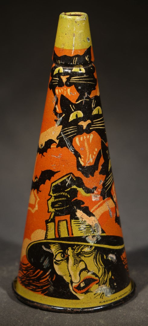 Vintage Tin Lithograph Halloween Horn Noisemaker with Witch, Black Cats, Bats, and Haunted House, Manufactured by Kirchhof, Newark, New Jersey