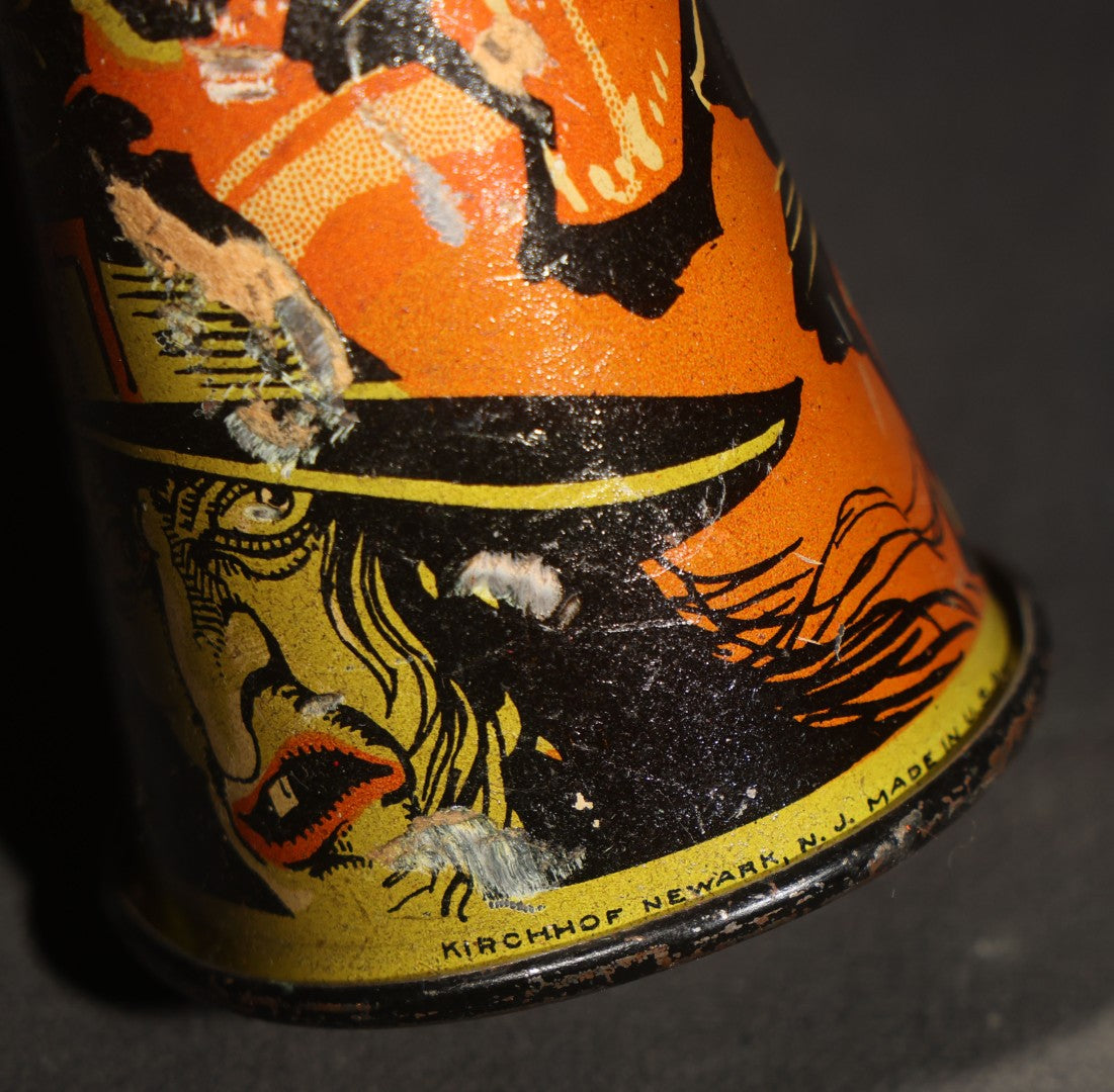 Vintage Tin Lithograph Halloween Horn Noisemaker with Witch, Black Cats, Bats, and Haunted House, Manufactured by Kirchhof, Newark, New Jersey