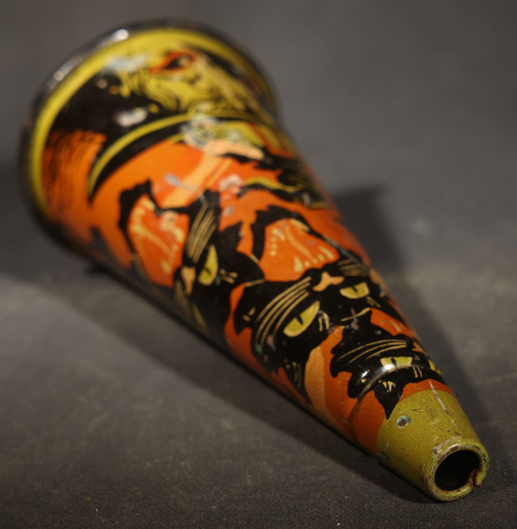 Vintage Tin Lithograph Halloween Horn Noisemaker with Witch, Black Cats, Bats, and Haunted House, Manufactured by Kirchhof, Newark, New Jersey