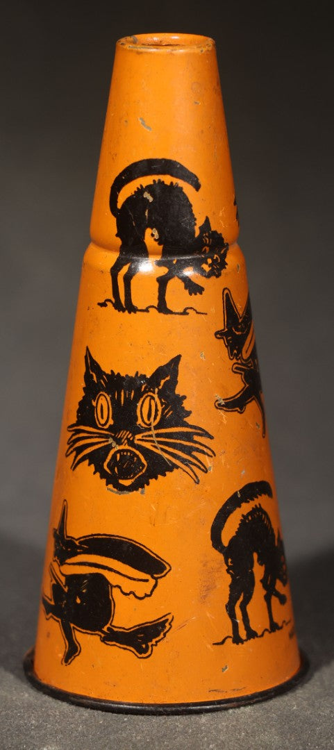 Vintage German Tin Lithograph Halloween Horn Noisemaker with Black Cats, Witches, Jack-O-Lantern in Top Hat, Frog, and Crow, Made in Germany