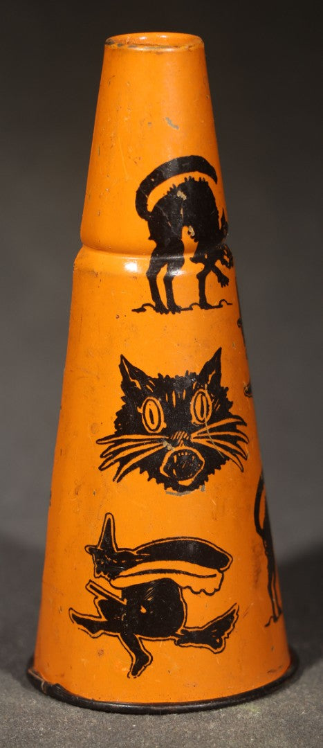 Vintage German Tin Lithograph Halloween Horn Noisemaker with Black Cats, Witches, Jack-O-Lantern in Top Hat, Frog, and Crow, Made in Germany