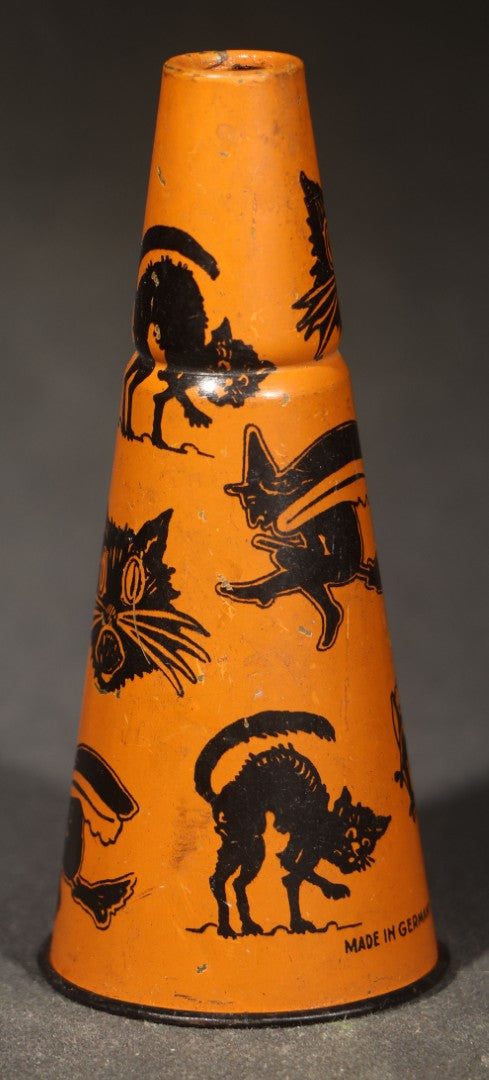 Vintage German Tin Lithograph Halloween Horn Noisemaker with Black Cats, Witches, Jack-O-Lantern in Top Hat, Frog, and Crow, Made in Germany