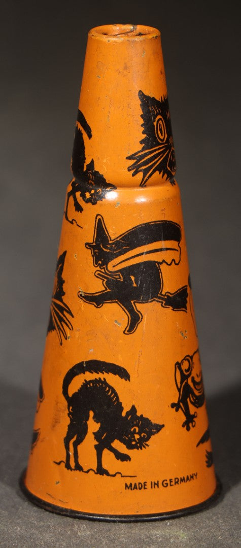 Vintage German Tin Lithograph Halloween Horn Noisemaker with Black Cats, Witches, Jack-O-Lantern in Top Hat, Frog, and Crow, Made in Germany