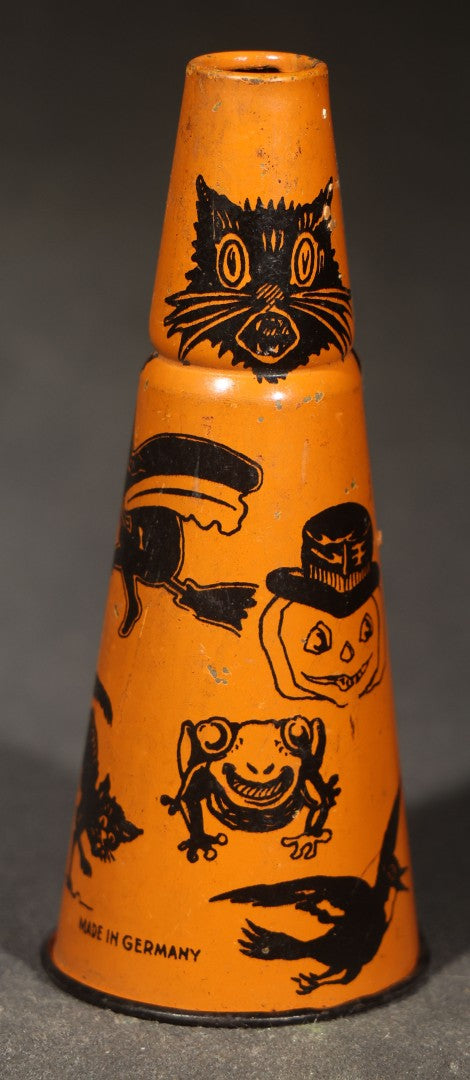 Vintage German Tin Lithograph Halloween Horn Noisemaker with Black Cats, Witches, Jack-O-Lantern in Top Hat, Frog, and Crow, Made in Germany