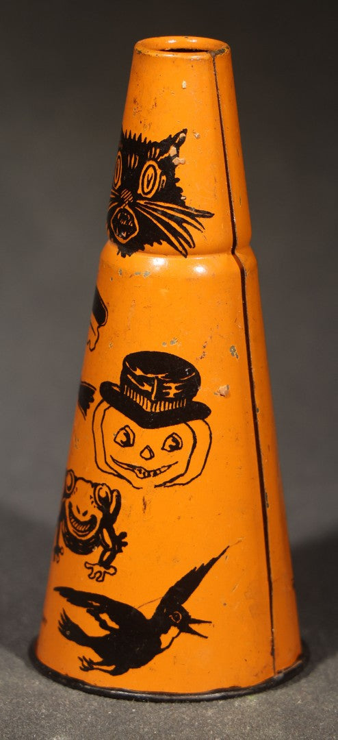 Vintage German Tin Lithograph Halloween Horn Noisemaker with Black Cats, Witches, Jack-O-Lantern in Top Hat, Frog, and Crow, Made in Germany