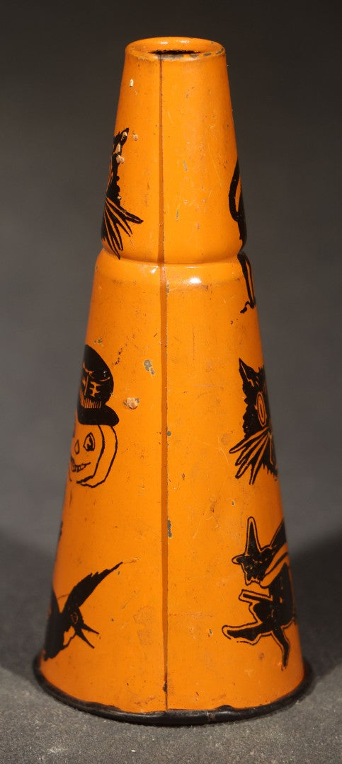 Vintage German Tin Lithograph Halloween Horn Noisemaker with Black Cats, Witches, Jack-O-Lantern in Top Hat, Frog, and Crow, Made in Germany