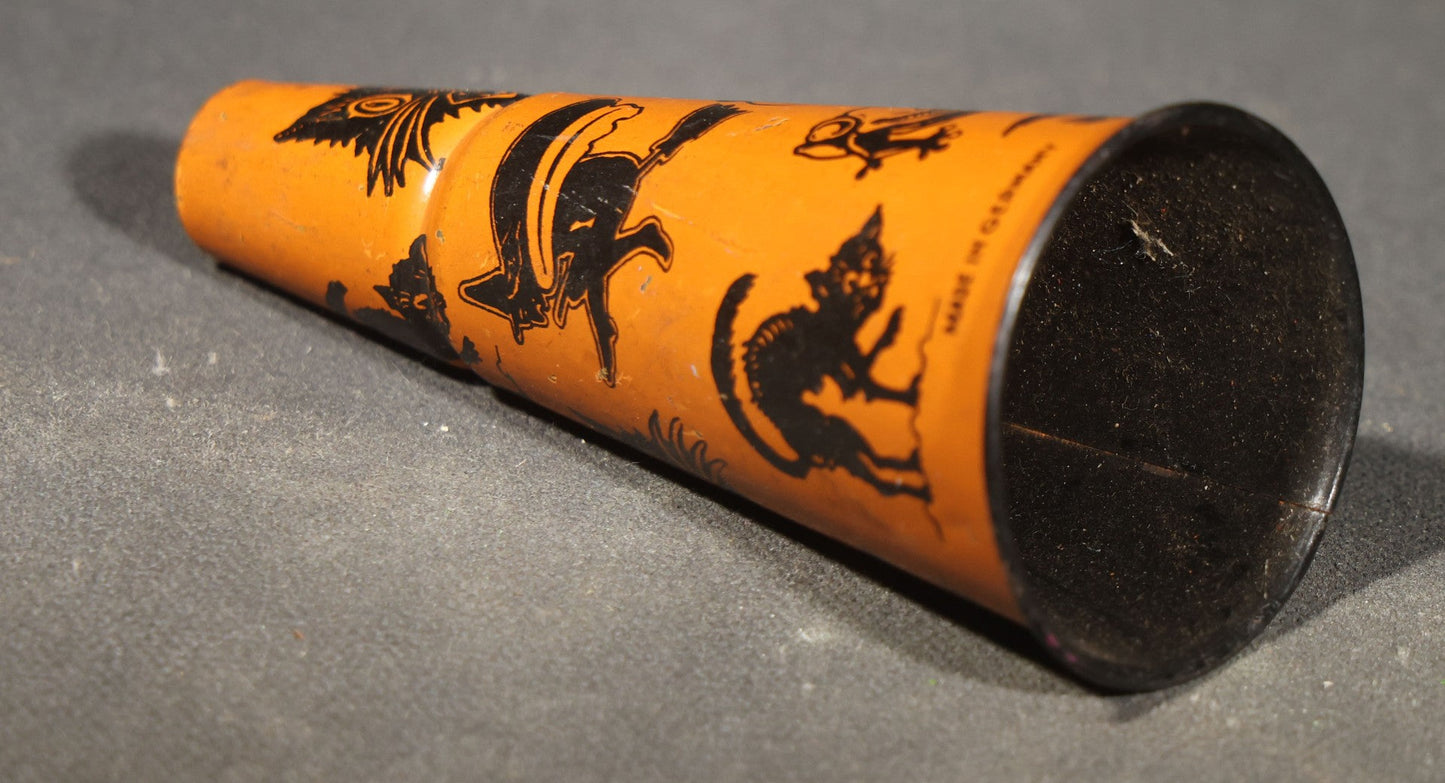 Vintage German Tin Lithograph Halloween Horn Noisemaker with Black Cats, Witches, Jack-O-Lantern in Top Hat, Frog, and Crow, Made in Germany