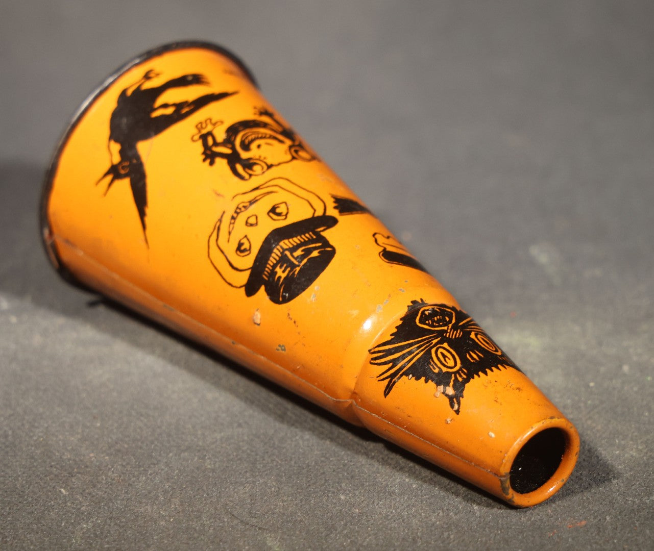 Vintage German Tin Lithograph Halloween Horn Noisemaker with Black Cats, Witches, Jack-O-Lantern in Top Hat, Frog, and Crow, Made in Germany