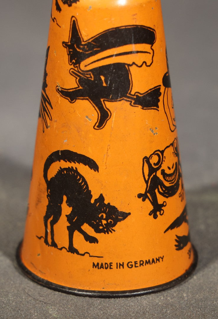Vintage German Tin Lithograph Halloween Horn Noisemaker with Black Cats, Witches, Jack-O-Lantern in Top Hat, Frog, and Crow, Made in Germany