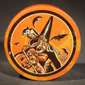 Lot 031 - Vintage Halloween Tin Lithograph Spinning Ratchet Noisemaker with Witch, Owl, Crescent Moon, Bats, and Jack-O-Lantern, Manufactured by U.S. Metal Toy Mfg. Co., Made in U.S.A., 4" W
