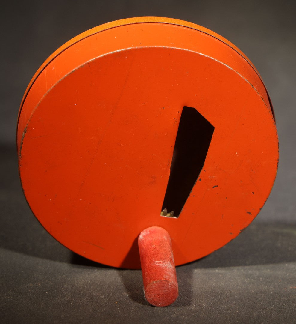Vintage Halloween Tin Lithograph Spinning Ratchet Noisemaker with Witch, Owl, Crescent Moon, Bats, and Jack-O-Lantern, Manufactured by U.S. Metal Toy Mfg. Co., Made in U.S.A.