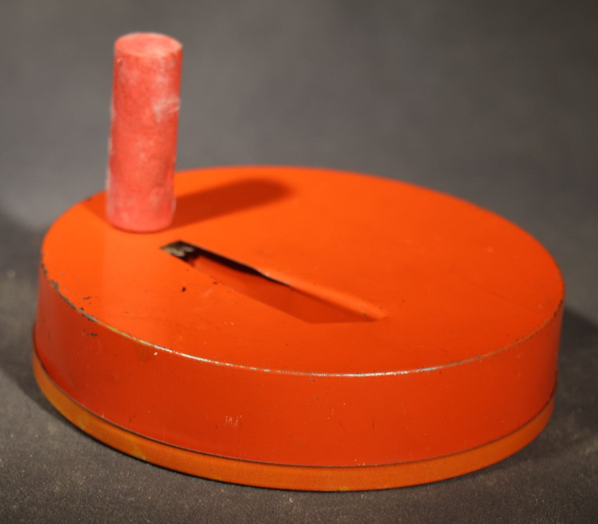 Vintage Halloween Tin Lithograph Spinning Ratchet Noisemaker with Witch, Owl, Crescent Moon, Bats, and Jack-O-Lantern, Manufactured by U.S. Metal Toy Mfg. Co., Made in U.S.A.