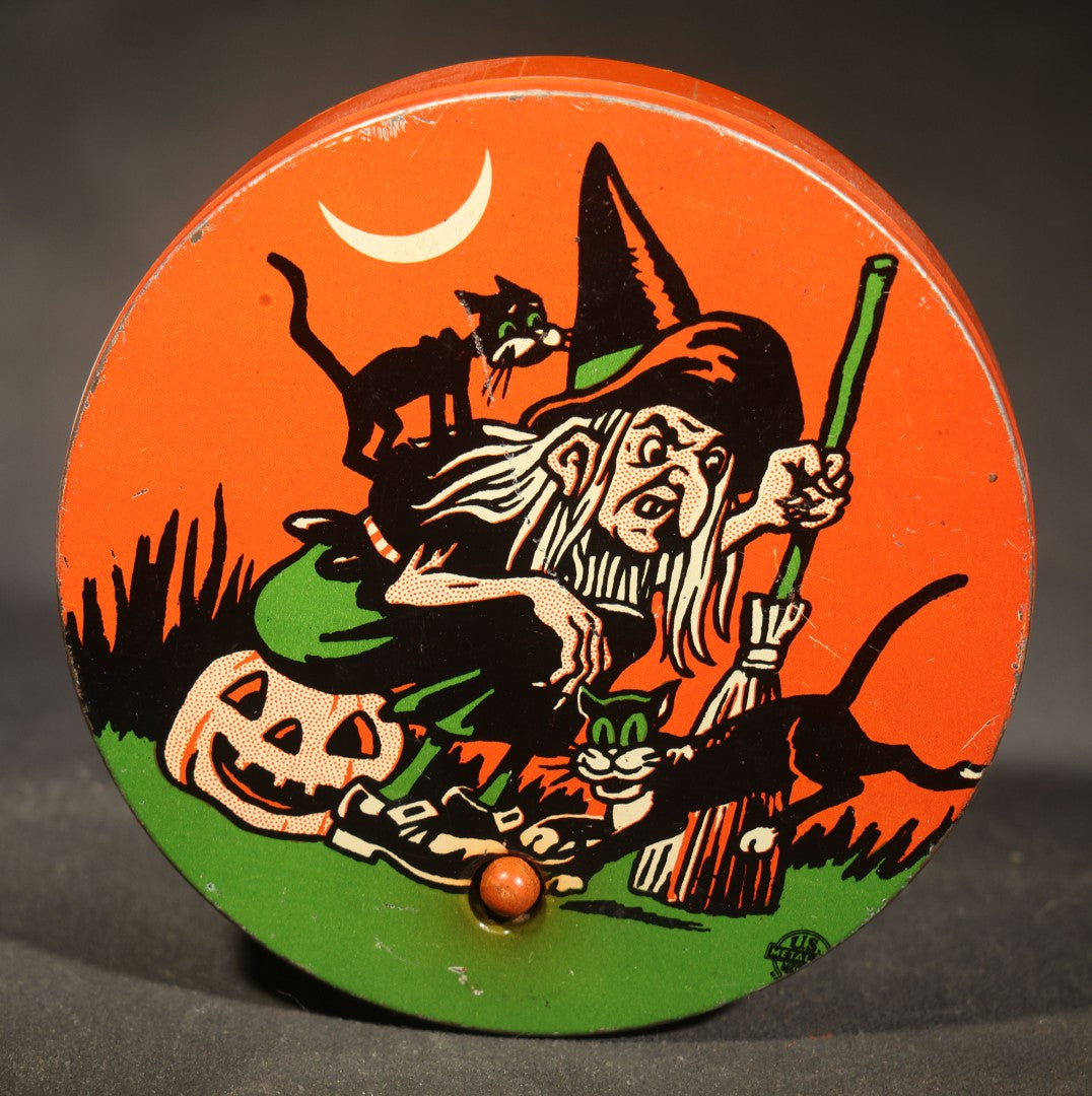 Vintage Halloween Tin Lithograph Spinning Ratchet Noisemaker with Witch, Broom, Black Cats, Crescent Moon, and Jack-O-Lantern, Manufactured by U.S. Metal Toy Mfg. Co., Made in U.S.A.