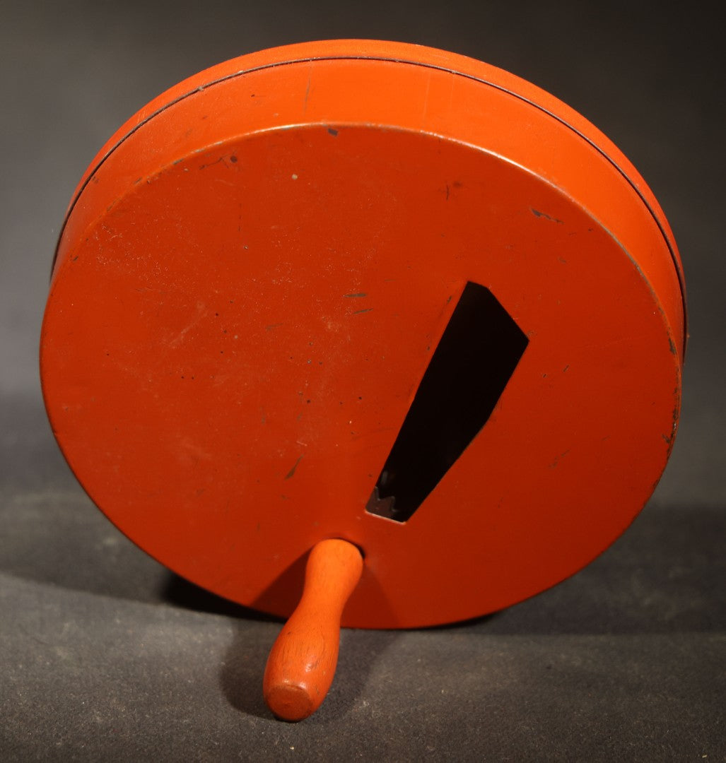 Vintage Halloween Tin Lithograph Spinning Ratchet Noisemaker with Witch, Broom, Black Cats, Crescent Moon, and Jack-O-Lantern, Manufactured by U.S. Metal Toy Mfg. Co., Made in U.S.A.