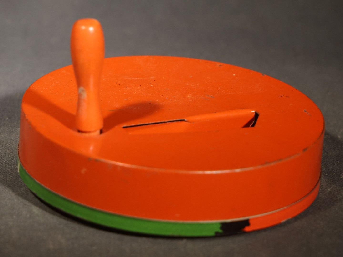 Vintage Halloween Tin Lithograph Spinning Ratchet Noisemaker with Witch, Broom, Black Cats, Crescent Moon, and Jack-O-Lantern, Manufactured by U.S. Metal Toy Mfg. Co., Made in U.S.A.