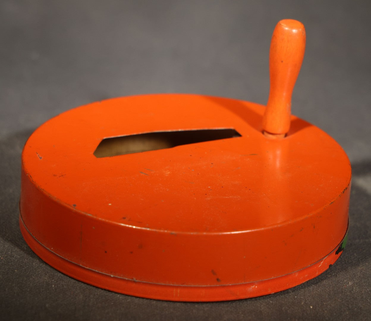 Vintage Halloween Tin Lithograph Spinning Ratchet Noisemaker with Witch, Broom, Black Cats, Crescent Moon, and Jack-O-Lantern, Manufactured by U.S. Metal Toy Mfg. Co., Made in U.S.A.